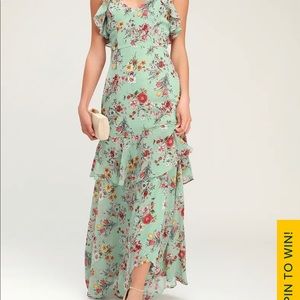 Gabriella Sage Green Floral Print Ruffled High-Low Maxi Dress
